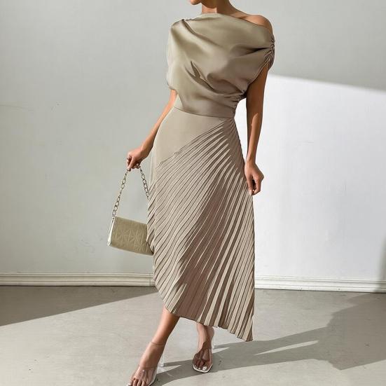 Vestido de Noche Formal Plisado para Mujer Vestido Plisado de un Solo Hombro Línea A Manga Corta Fruncido Vestido de Fiesta Cóctel