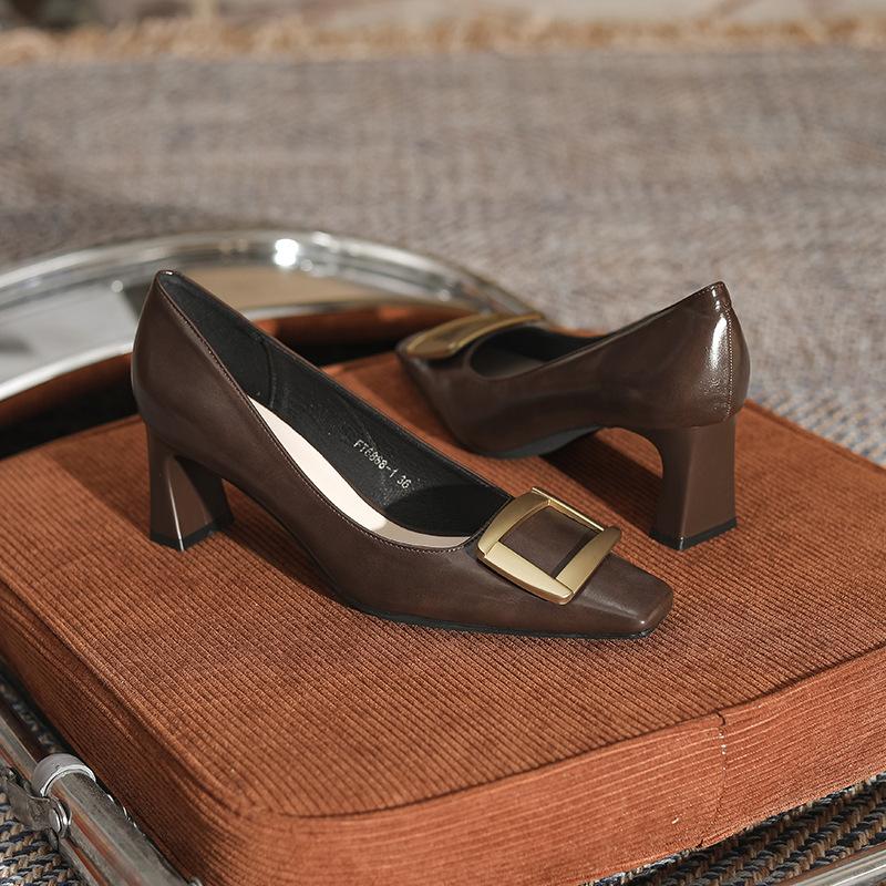 

6888-154A French thick heel square head retro brown high-end women s high heels classic black versatile single shoes 40