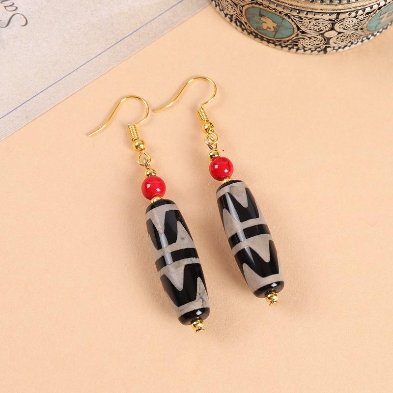 Original design Tibetan nine-eye dzi bead agate earrings retro literary tiger tooth earrings Chinese earrings women