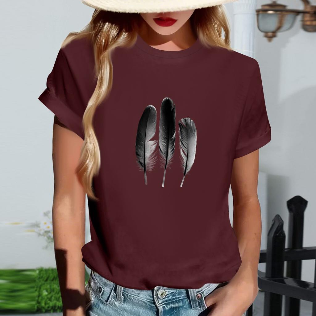 Women's Fashionable Round Neck Casual Retro Print Short Sleeved T-shirt Top