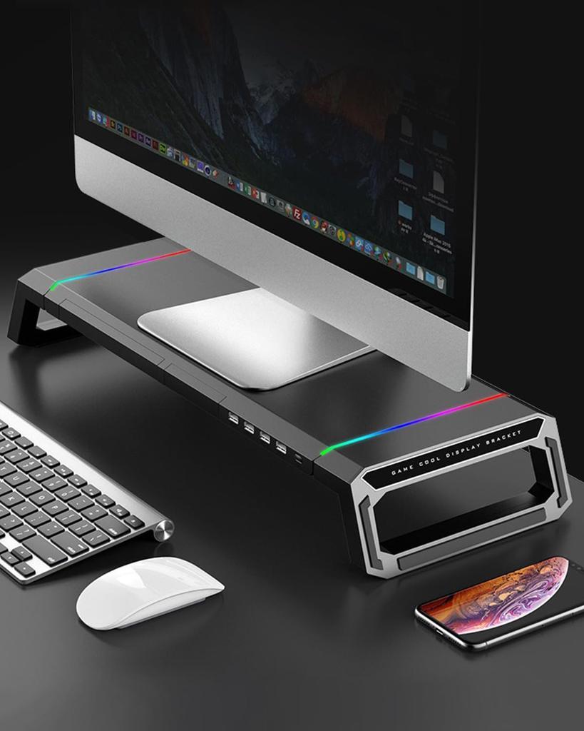 Monitor Stand with 4 USB Desktop PC Monitor Stand with Smartphone 8cm RGB PC Laptop Gaming 25kg Weight Capacity Ports, Stand, Stand, Drawer, Height,