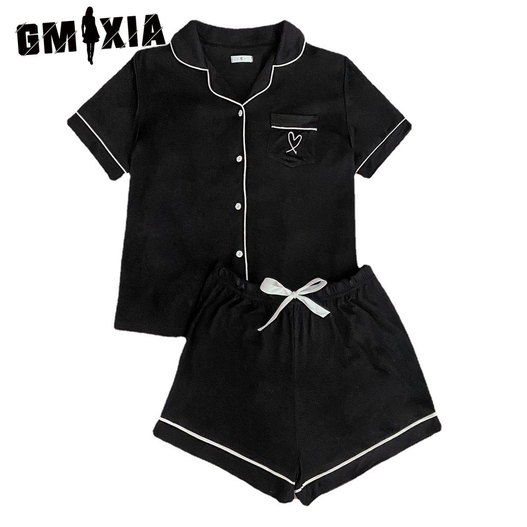 GMXIA Homewear Set Cardigan Short-sleeved Shirt Shorts Summer Pajamas for Women