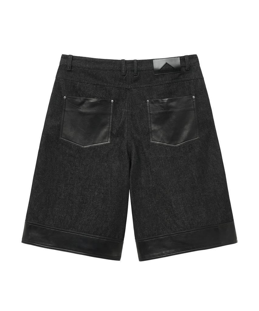UNGIMMICK Leather Mix Denim Bermuda Shorts (Black)