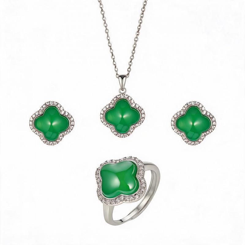 Geometric Four-Leaf Clover Pendant Set With Iced Green Chalcedony Inlay Vacuum Plated Copper Alloy Jewelry Men Women