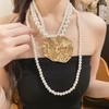 Golden Lotus Double Layer Pearl Necklace - Elegant Statement Sweater Chain for Women