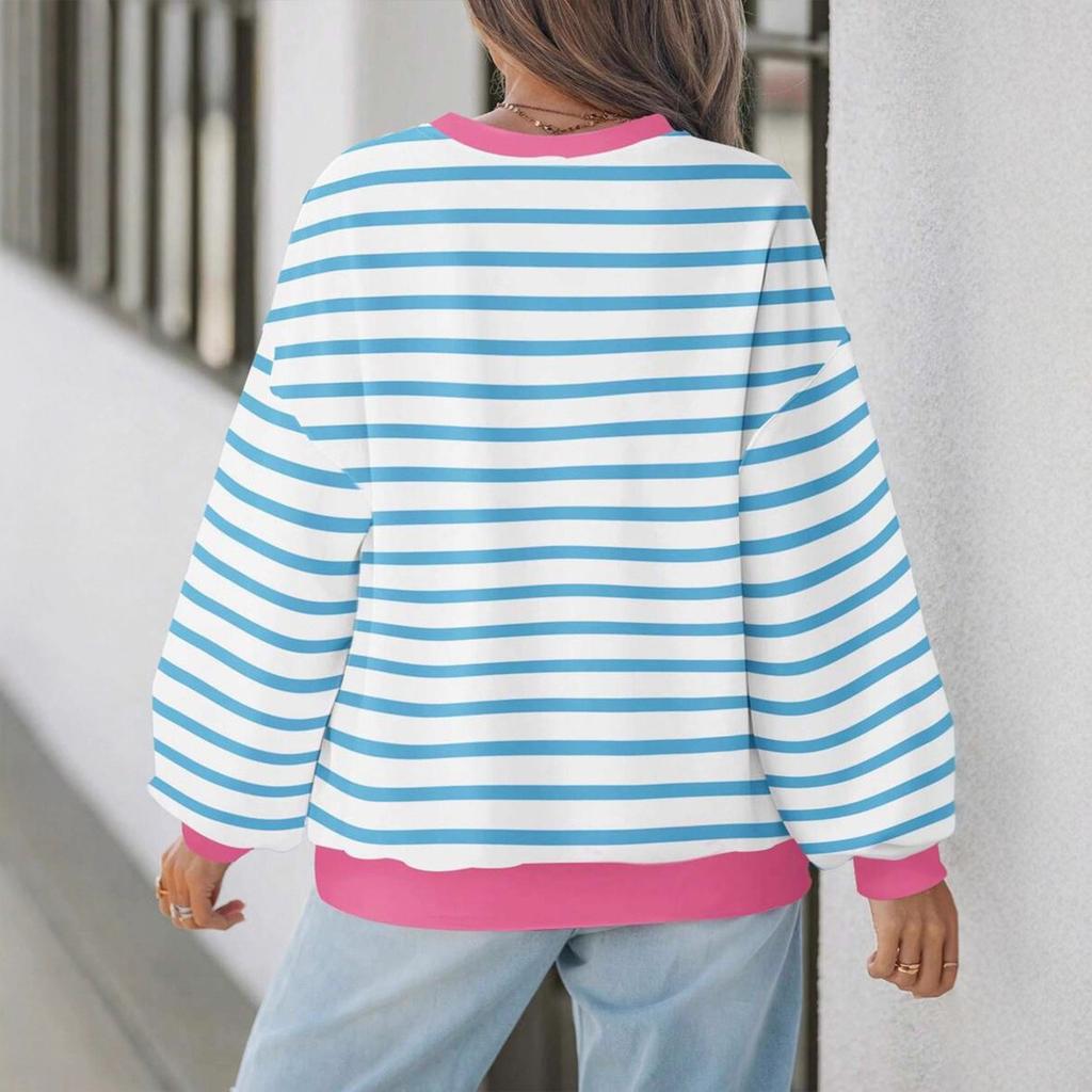 Dámské tričko s kulatým výstřihem, pruhovaným potiskem, dlouhým rukávem a volným střihem