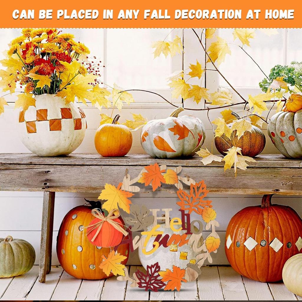 Fall Front Door Decor, 12 Inch Fall Wreaths for Front Door, 3D Wooden Fall Door Sign Hanging Pumpkin Maple Leaf Wreath with Autumn Sign for Harvest