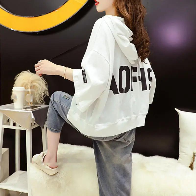 Summer Letter Printing Hoodies Women Round Neck Short Sleeve Drawstring Short Pullovers Ladies Korean Style Casual Top