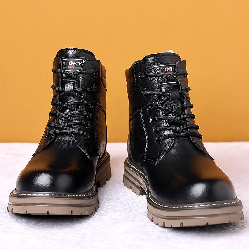 Men's soft elastic leather waterproof winter warm cold padded wool snow boots thick bottom non-slip wear outdoor leisure sports Martin cotton boots