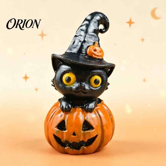 Artistic Resin Craft Collectibles Halloween Black Cat & Pumpkin Ornaments, Cute Desktop Figurines, Holiday Atmosphere Room Decor Cartoon And