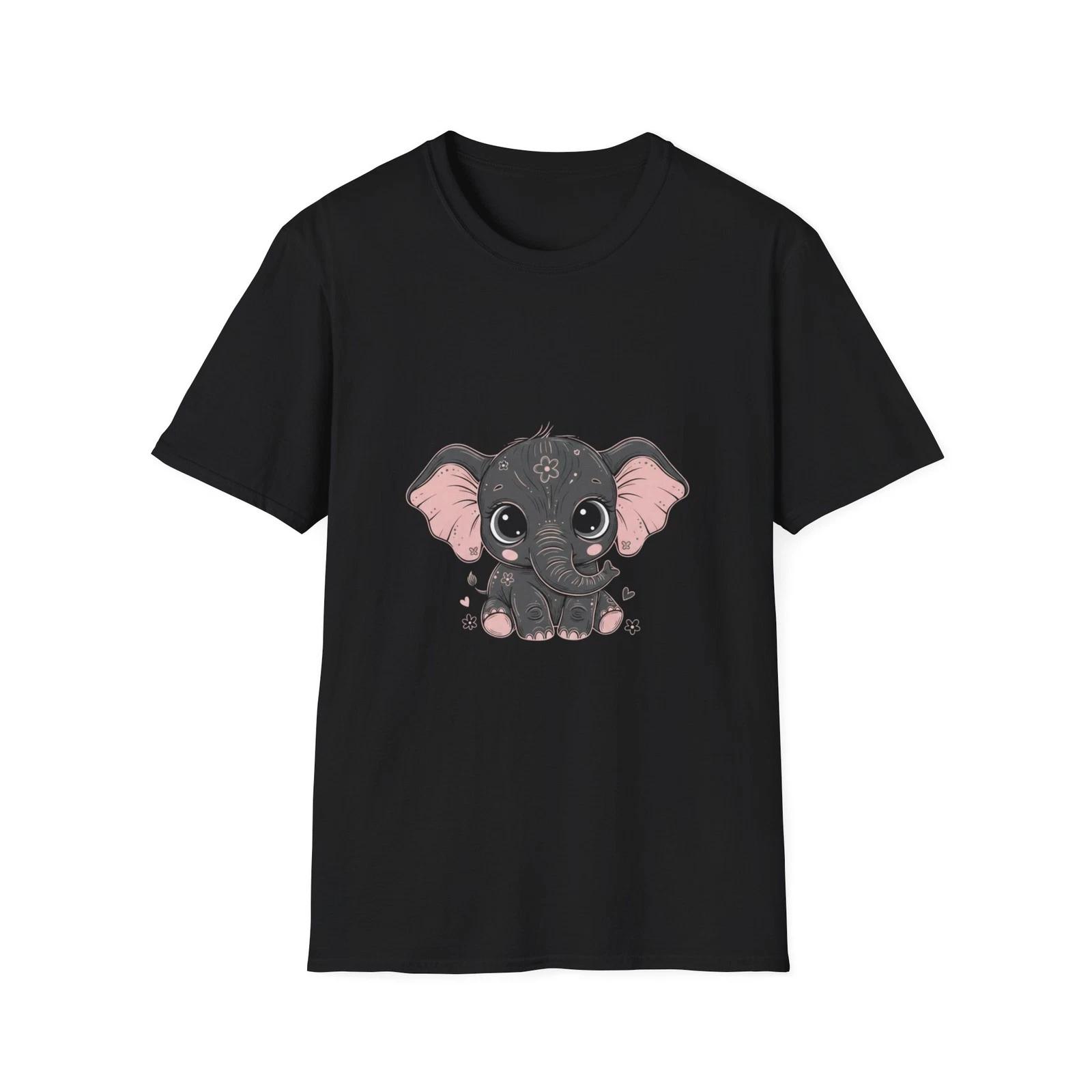 Elephant Cute Cartoon Illustrated Black Tee Kawaii Graphic T-Shirt XL