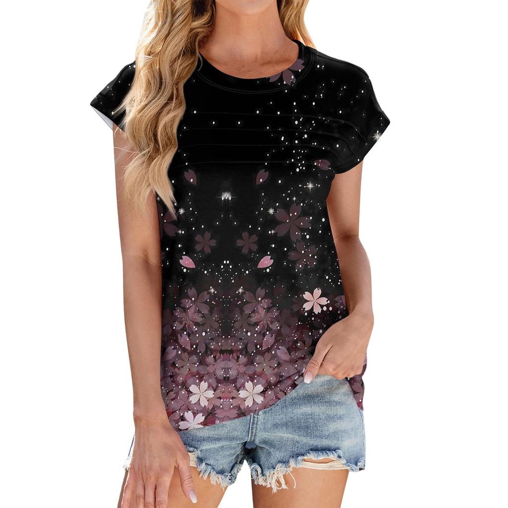 Women's Fashion Casual Basic Floral Textured Round Neck T-Shirt Vest Top