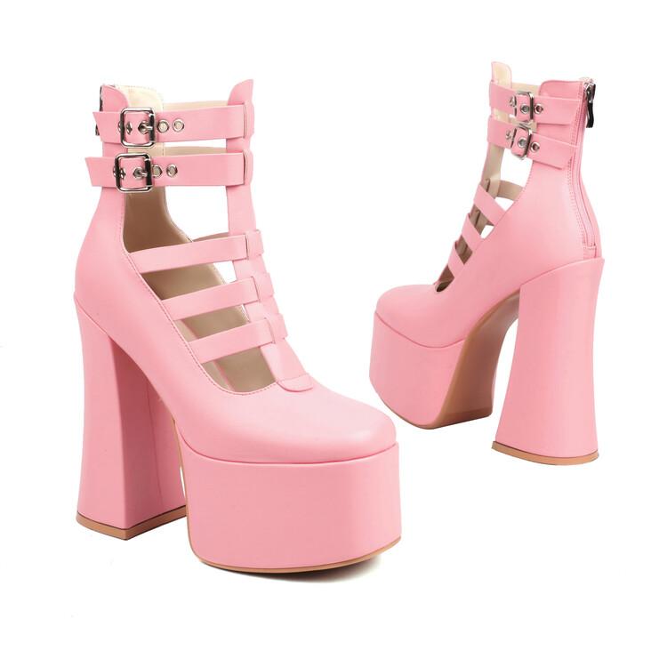 FOREADA Women Pu Leather Pumps Platform Super High Hoof Heels Round Toe Gladiator Zipper Punk Style Spring Autumn Shoes Pink