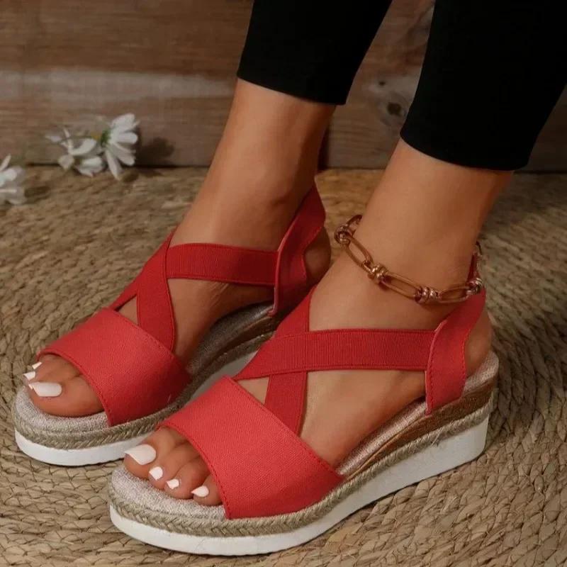2024 Women's Shoes Elastic Strap Women's Sandals Fashion Outdoor Casual Beach Sandals Women's New Open Toe Wedge Sandals