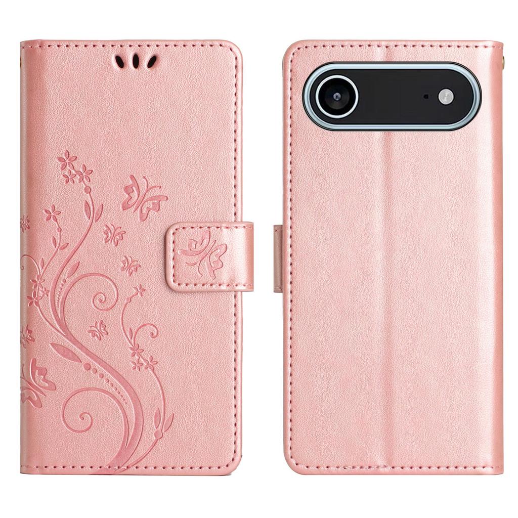 Für iPhone Air Leder Wallet Case Schmetterlingsblumen-Prägung Handyhülle mit Trageband