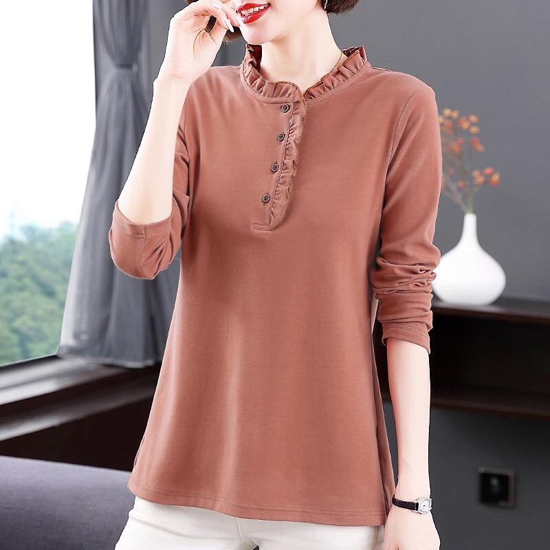 2025 Autumn New Fashion Solid Color T Shirt Woman O Neck Long Sleeve T-shirt Women European Style Female Button Shirts