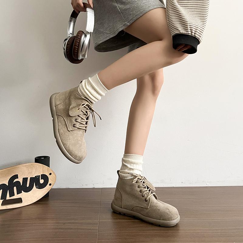 New Winter Women Faux Suede Short Boots Lace Up Female Casual Shoes Soft Camel Suede PU Upper Flat Sole Ankle Boots Solid Color