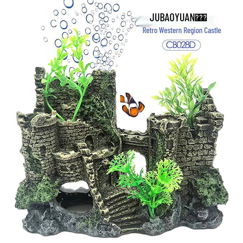 Resin Fish Tank Ornament: Western Castle Cave with Oxygen Feature