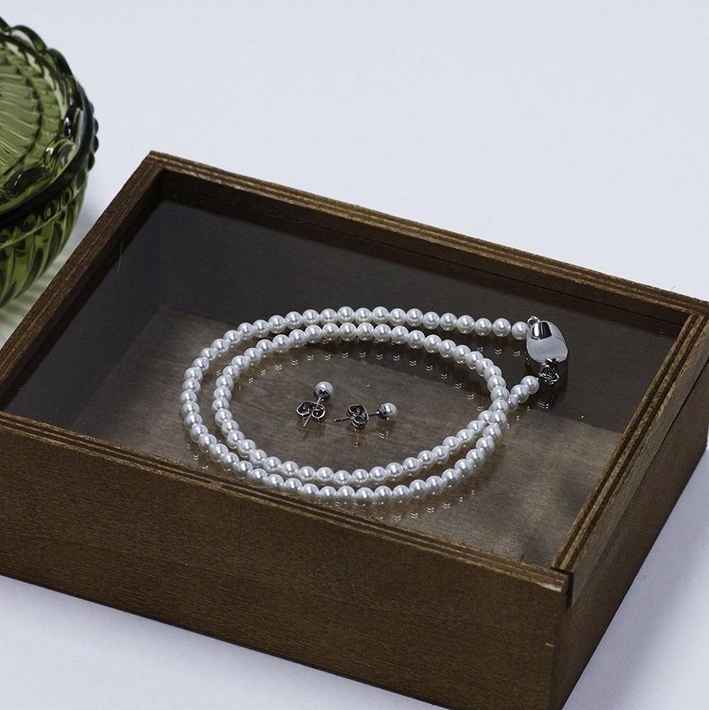 Sakuya Baby Pearl Shell Pearl Necklace and Earring Set with Jewelry Box, 4mm x 42cm, White, Art-Set-442Whitep