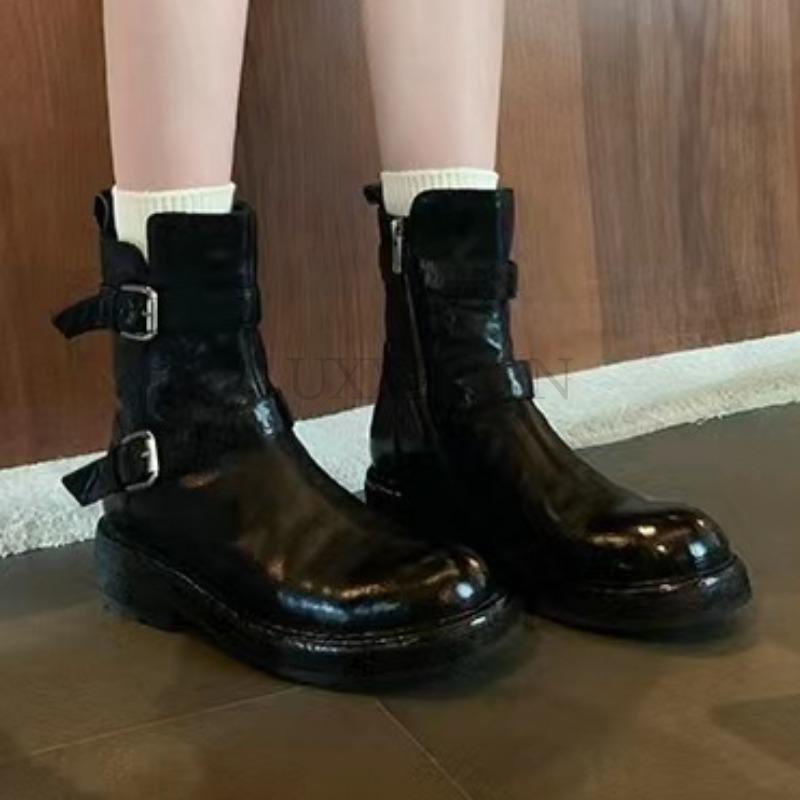 Bottes courtes en cuir véritable à talon plat et bout rond pour femmes, semelles épaisses, bottes de chevalier polyvalentes, décontractées et à la mode, antidérapantes