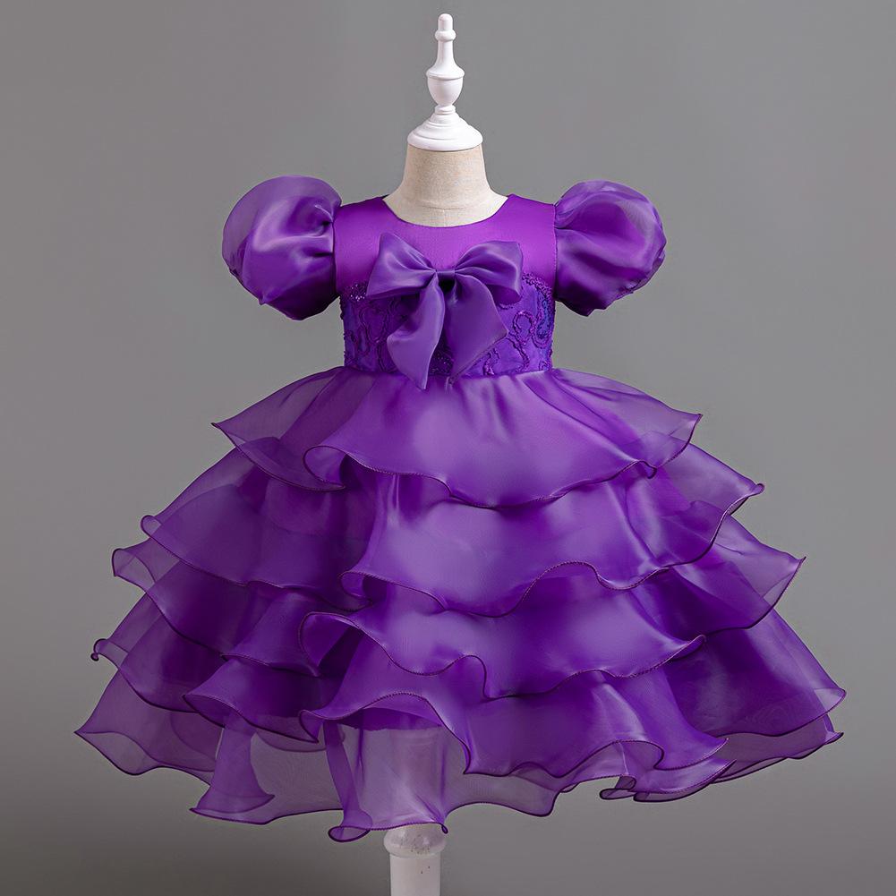 Girls Cake Dresses Bow Bubble Sleeve Princess Dress Walking Performance Halloween Flower Girl Party Dresses Dresses 8622  Girl's Favourite Dress