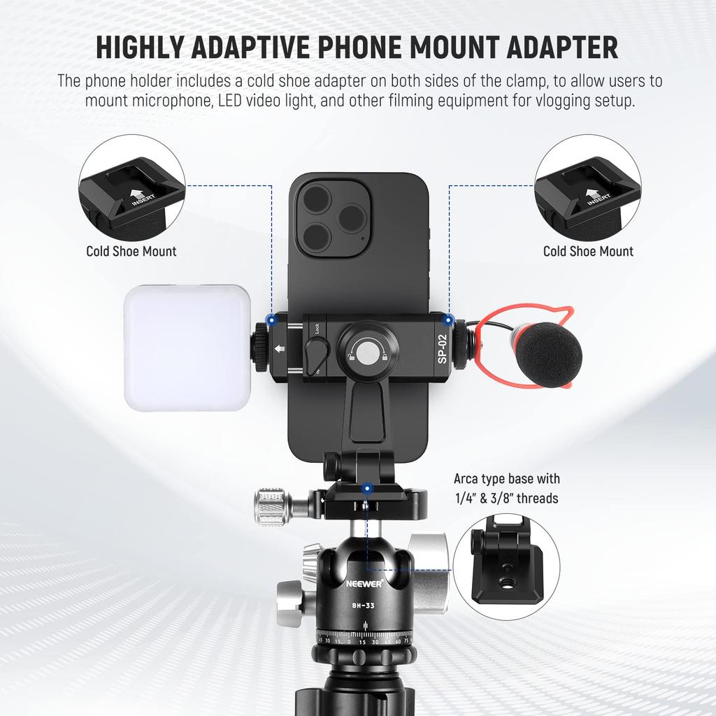 NEEWER Smartphone Tripod Mount Aluminum Smartphone Holder Clamp with Cold and Compatible with iPhone Pro Mini and Galaxy S23 Adapter, Shoe, 1/4" 3/8"