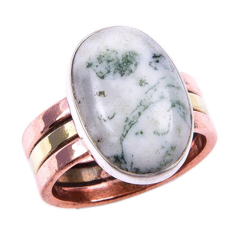 Natural Green Dendrite Opal Gemstone 925 Solid Silver Two Tone Ring S.6US A0y75