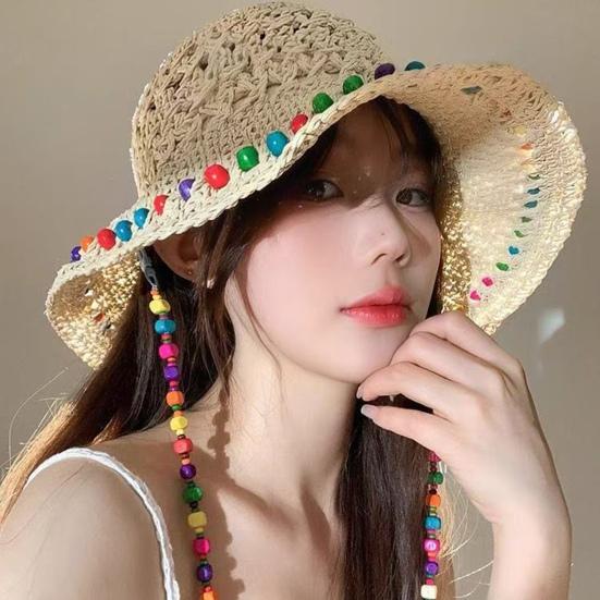 Women Straw Hat Wide Brim Breathable Straw Weaving Hat with Colorful Beads Decor Flexible Edges Sun Hat