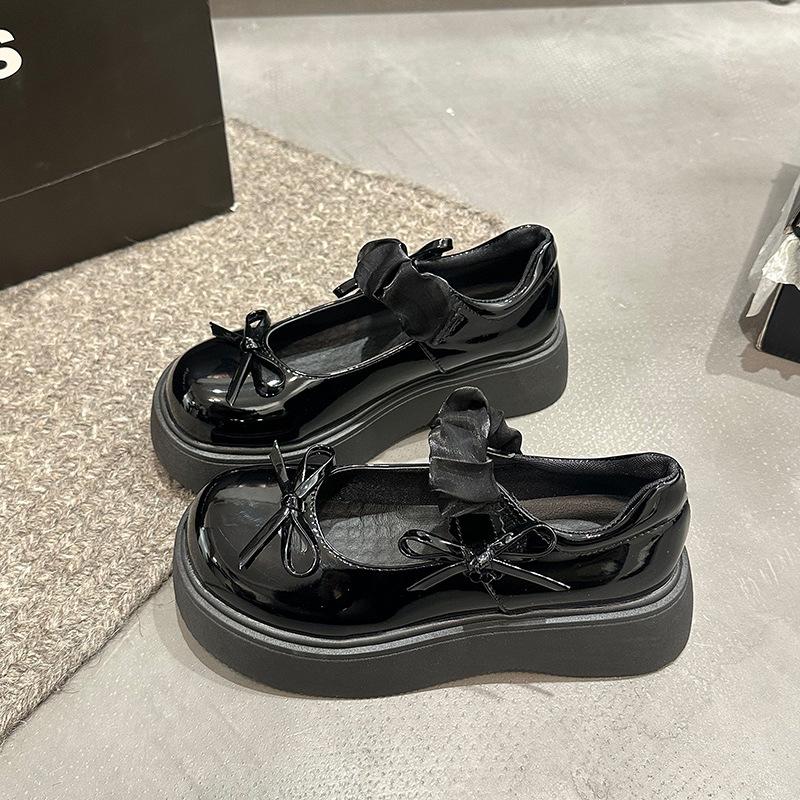 Fashion bow thick-soled shallow-mouth single shoes women s summer Mary Jane small leather shoes 35
