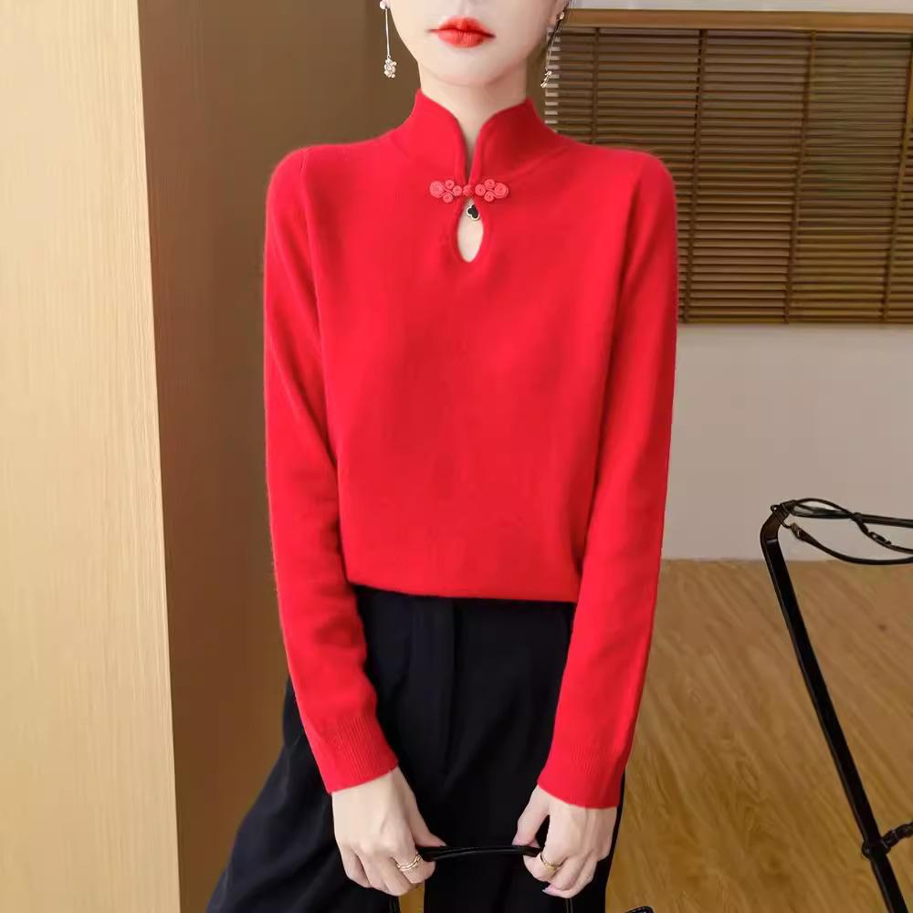 National Style Collar Disc Button Long Sleeve Knitted Bottoming Sweater Women's Slim Inner  Sweater