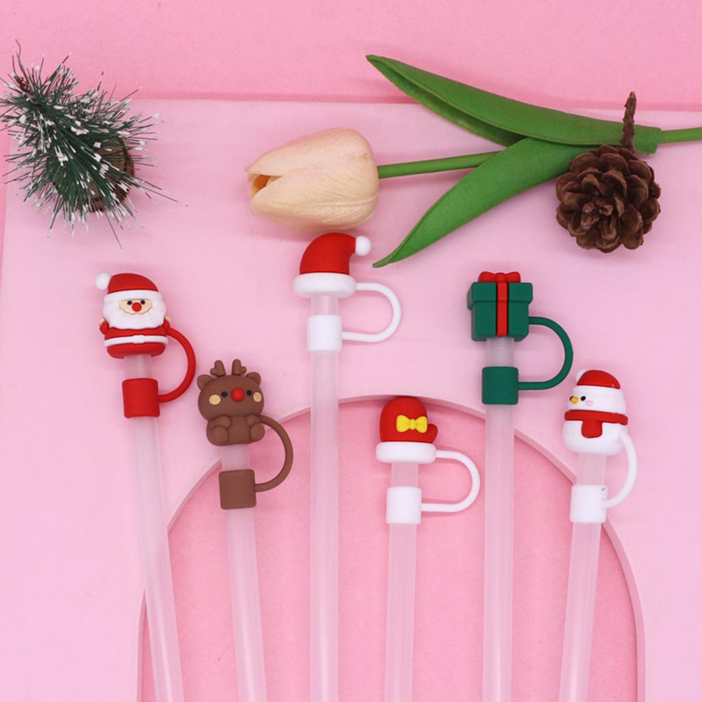 6pcs Christmas Silicone Caps for Straws Reusable Cartoon Drinking Straw Caps Dustproof Cute Straw Cover Toppers Tips Lid