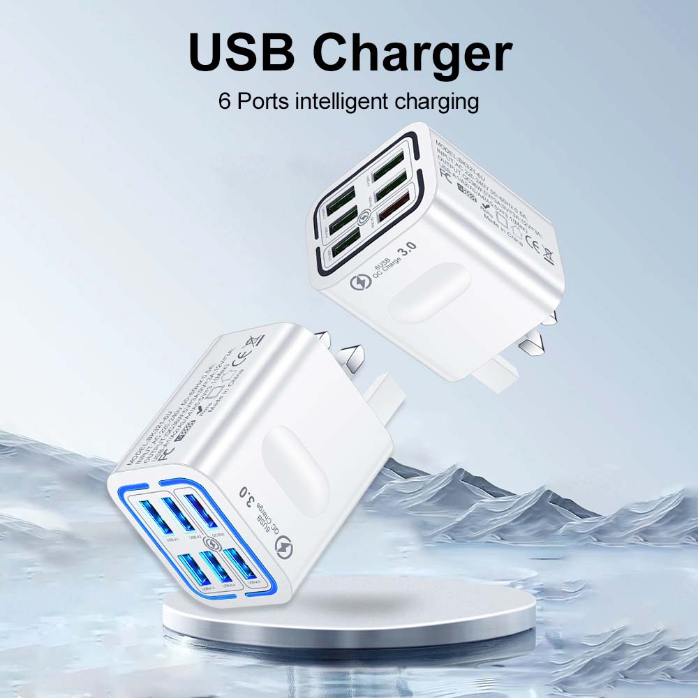 6-Port USB Charger Mobile Phone Fast Charging Wall Adapter for iPhone Xiaomi Samsung Huawei US/UK Plug