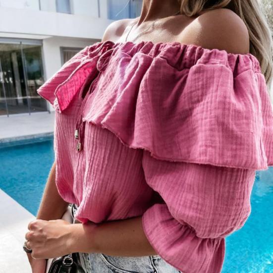 Chemisier Blouse Design Simple Chic Couleur Unie Printemps Été Volant Épaule Dénudée Hauts pour Femmes pour le Shopping