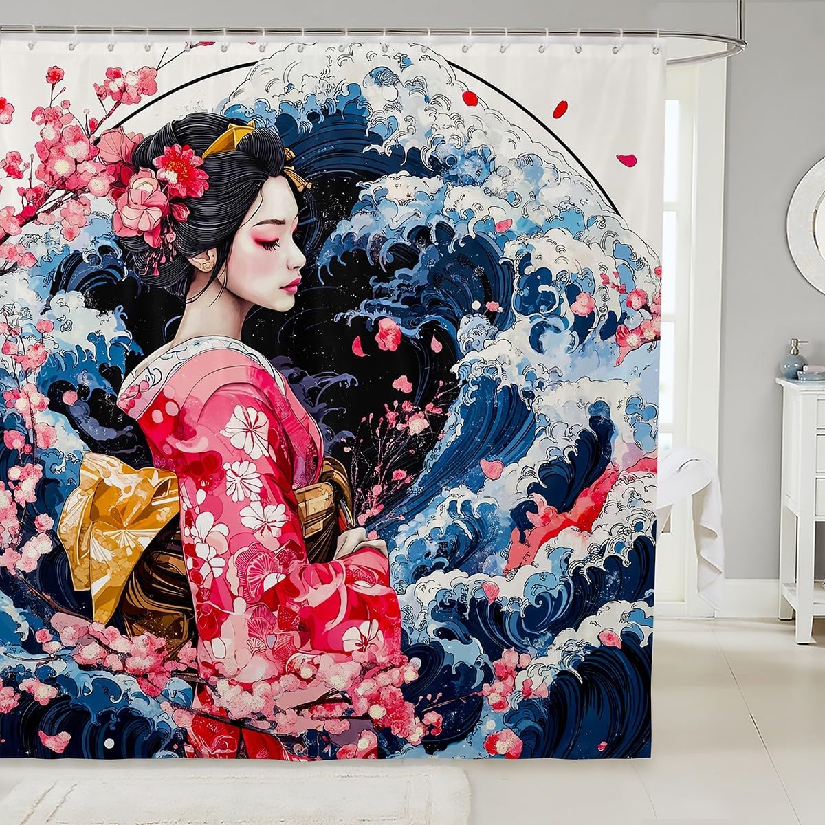 

Japanese Wave Bath Curtain,Classic Japanese Geisha Bathroom Shower Curtain For Kids Girls,Japanese Ukiyoe Theme Shower Curtain W60H190(CM)-1 Pcs
