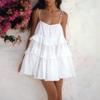 Rochie scurtă albă de femeie din bumbac în straturi Rochie de soare de plajă, cu bretele de vară, fără mâneci, rochii babydoll cu volan