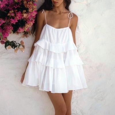 Vestito corto bianco da donna in cotone a strati, ampio, da spiaggia, estivo, con spalline, senza maniche, con volant, babydoll
