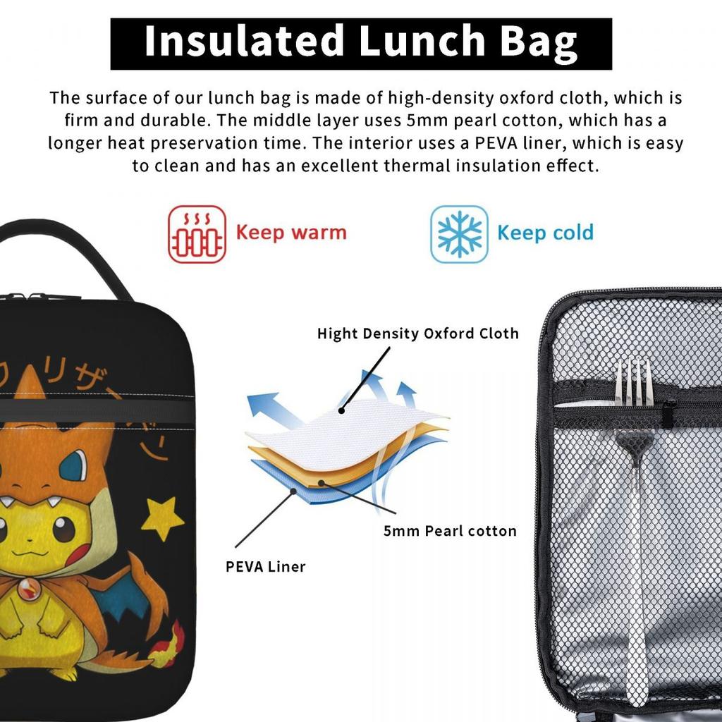 Pokemoned Pikachu Anime Cartoon Insulated Lunch Bags Large Meal Container Cooler Bag Tote Lunch Box School Outdoor Bento Pouch