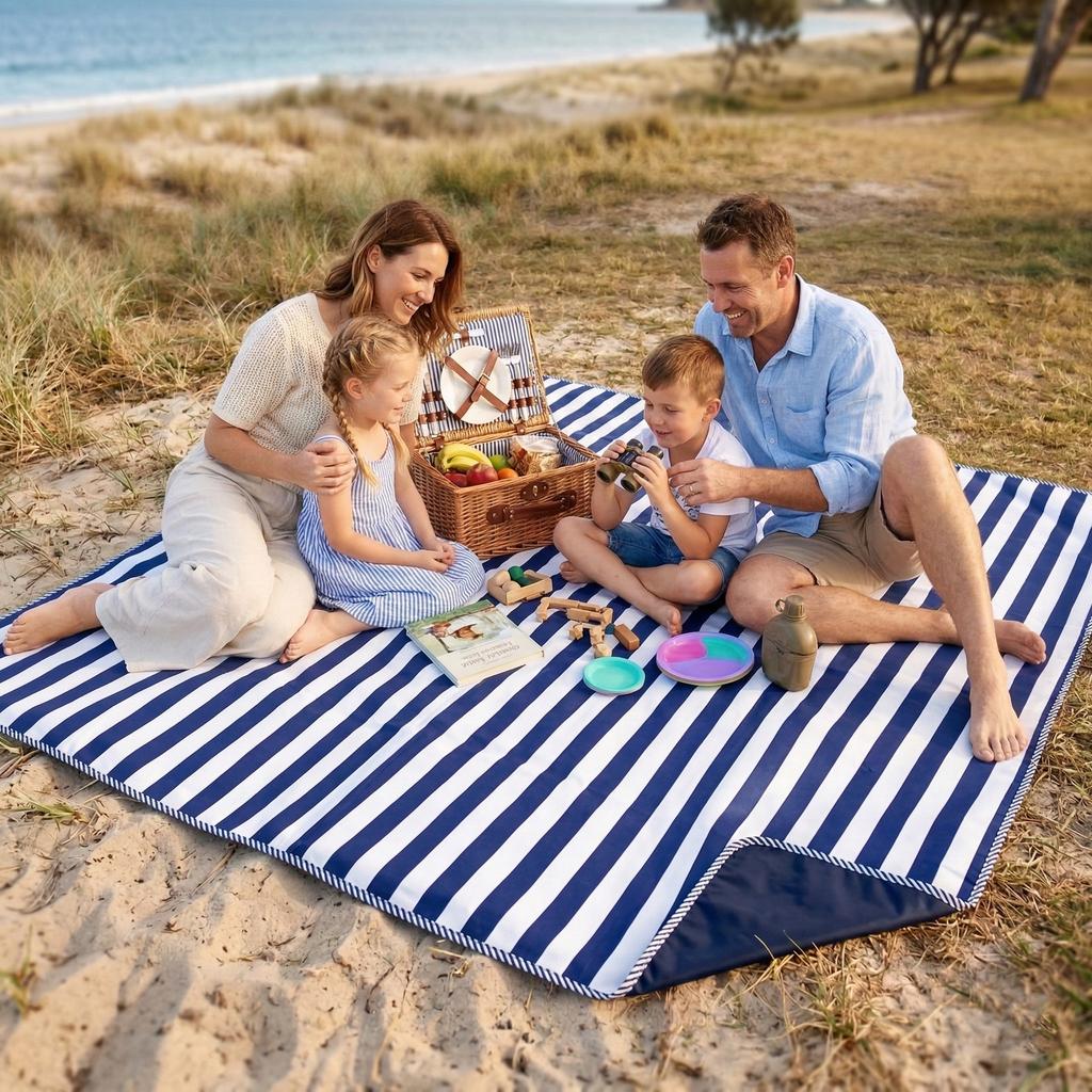 Picknickdecke - Strand - Baumwolle - "Marineblaue Streifen" 180x200