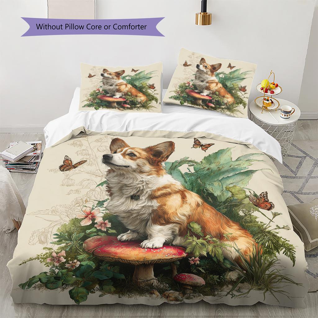 Corgi und Pflanzen Muster Bettwäsche Heimdekoration Geburtstagsgeschenk (1 Bettbezug + 2 Kissenbezüge, ohne Füllung)
