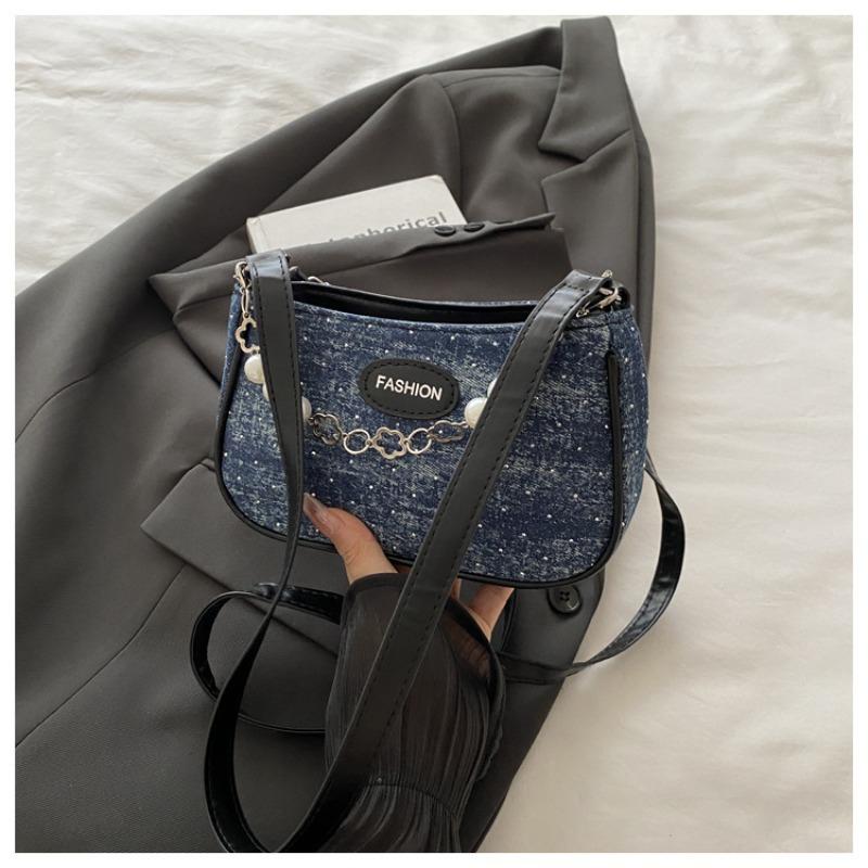 

Деним популярный новый модный простой жемчужный цепочный кроссбоди на плечо подмышку маленькая квадратная сумка чёрный