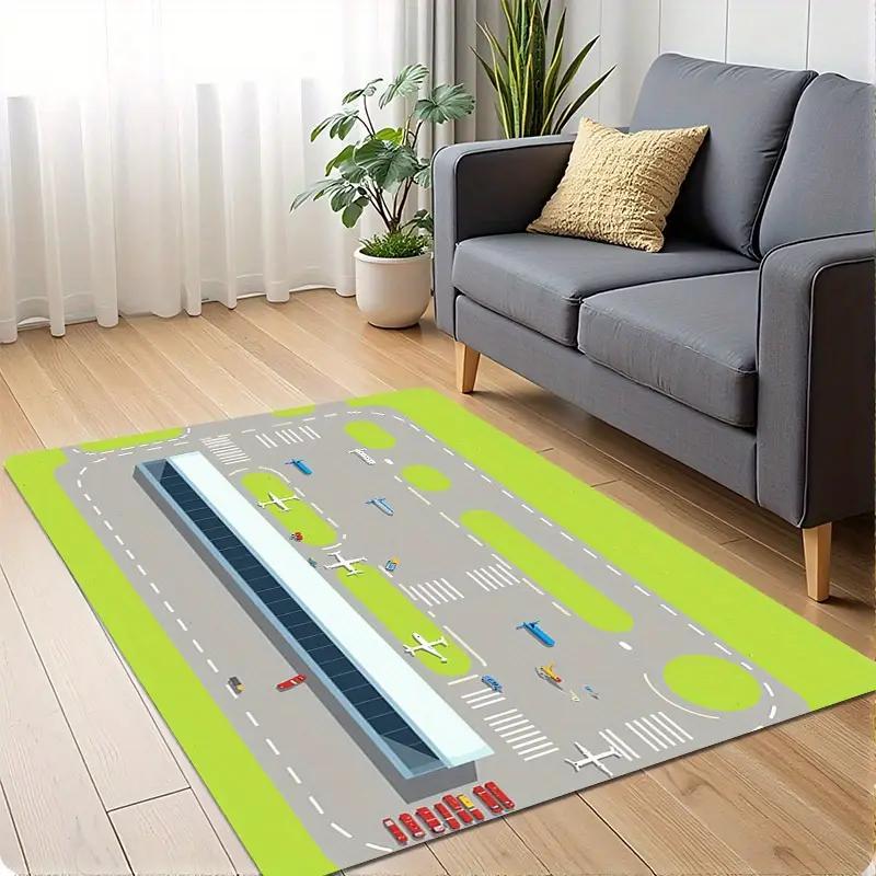 Kids Play Mats Cartoon Airport Landing Strips Top View Aircraft and Airplane Arrival Carpet Kids' Bedroom Playroom Nursery Decor