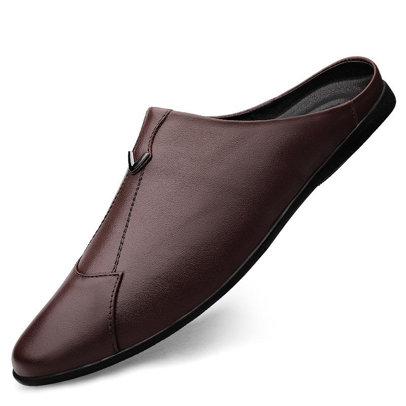 Fashion Italian Mens Slippers Genuine Leather Muller Shoes Men Loafers Outdoor Non-slip Black Casual Half Slipper Men Fashion Shoes Man
