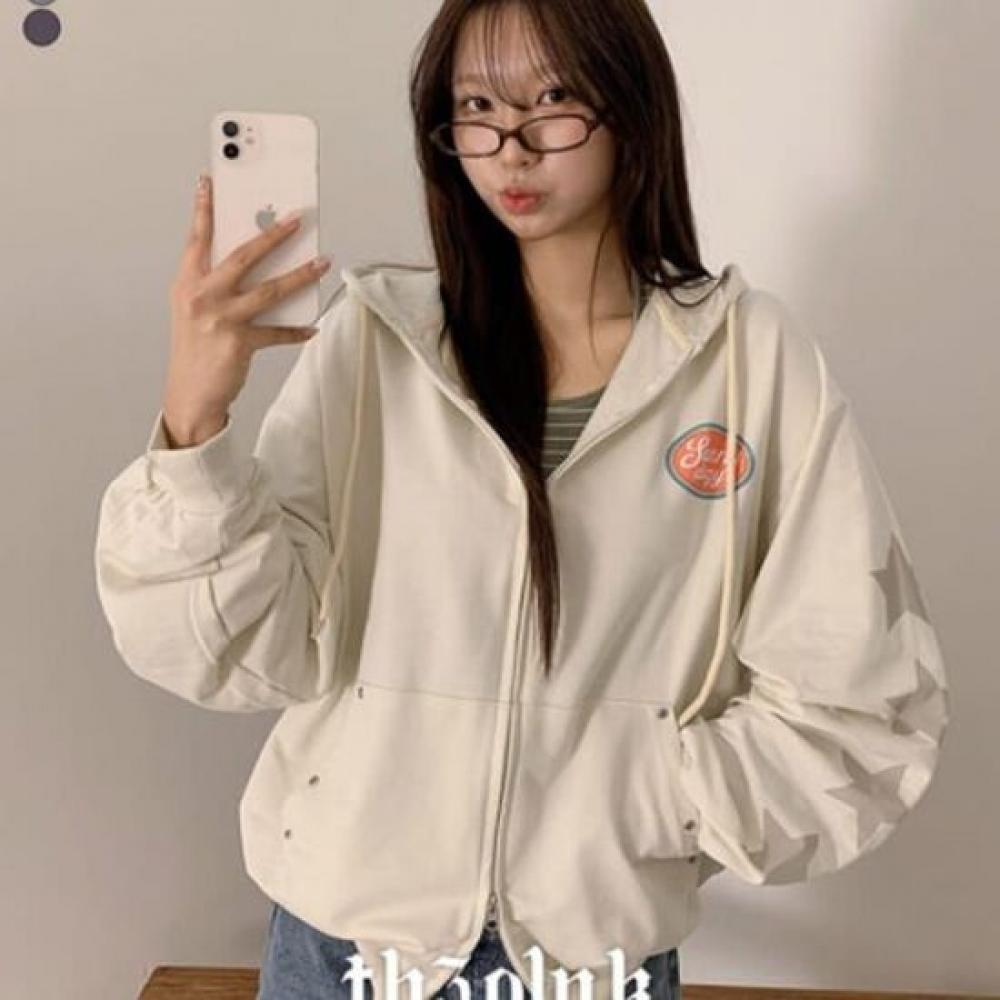 The Pink Loose Fit Vintage Lettering Star Printing Hoodie Zip