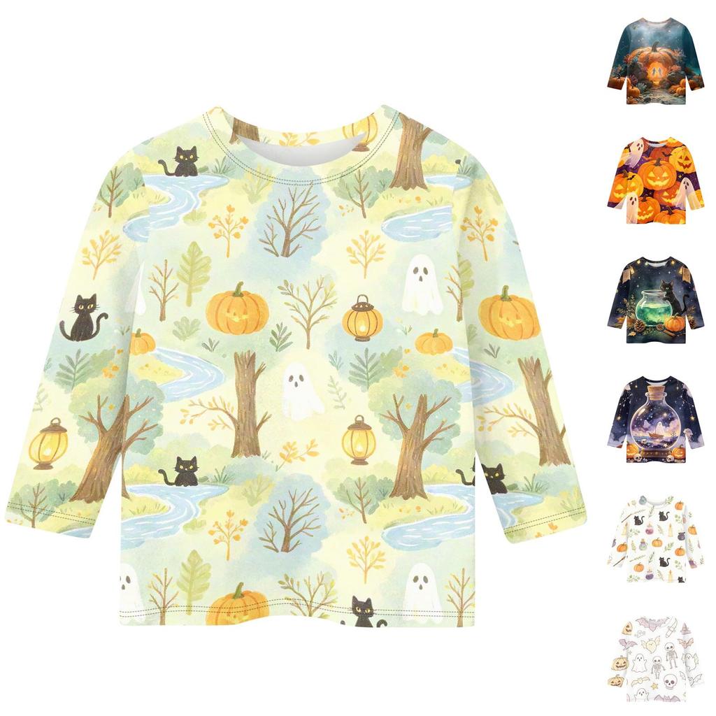 Kids Halloween Print Crew Neck Three Quarter Sleeve Casual T Shirt Top Boys Girls Comfortable Fit Lightweight Fabric