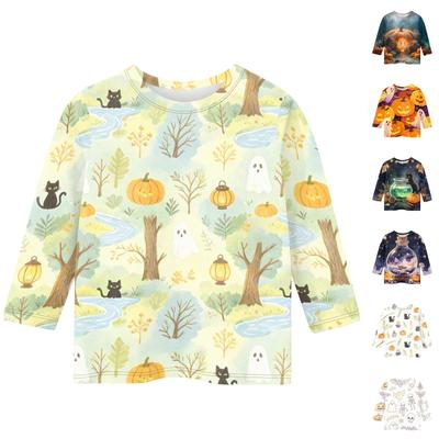 Kids Halloween Print Crew Neck Three Quarter Sleeve Casual T Shirt Top Boys Girls Comfortable Fit Lightweight Fabric