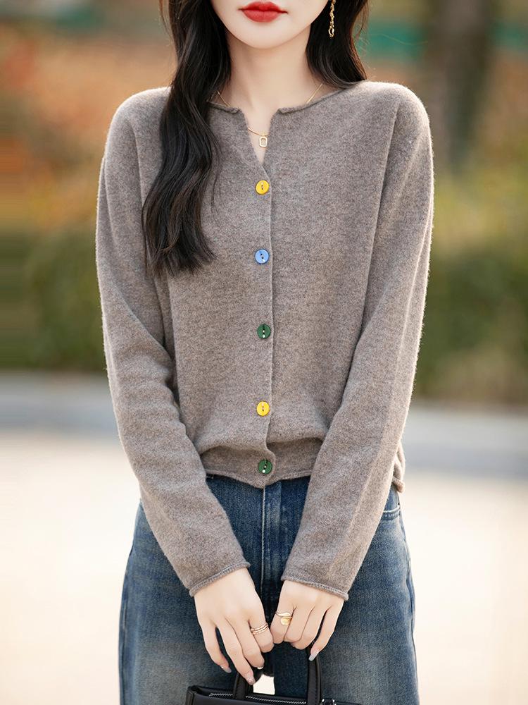 Women's V-Neck Wool Cardigan Sweater - Spring New Arrival, Loose Fit, Solid Color, Versatile Knit Outerwear.