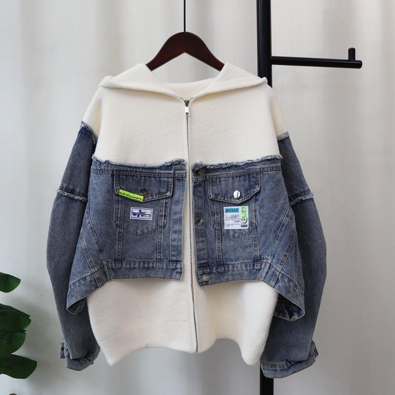 Hooded zipper splicing denim knitted double-sided cardigan autumn and winter new loose casual sweater jacket women