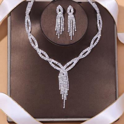 Fashion Classic Elegant Tassel Crystal Bridal Jewelry Sets African Rhinestone Wedding Necklace Earrings Bracelet Sets