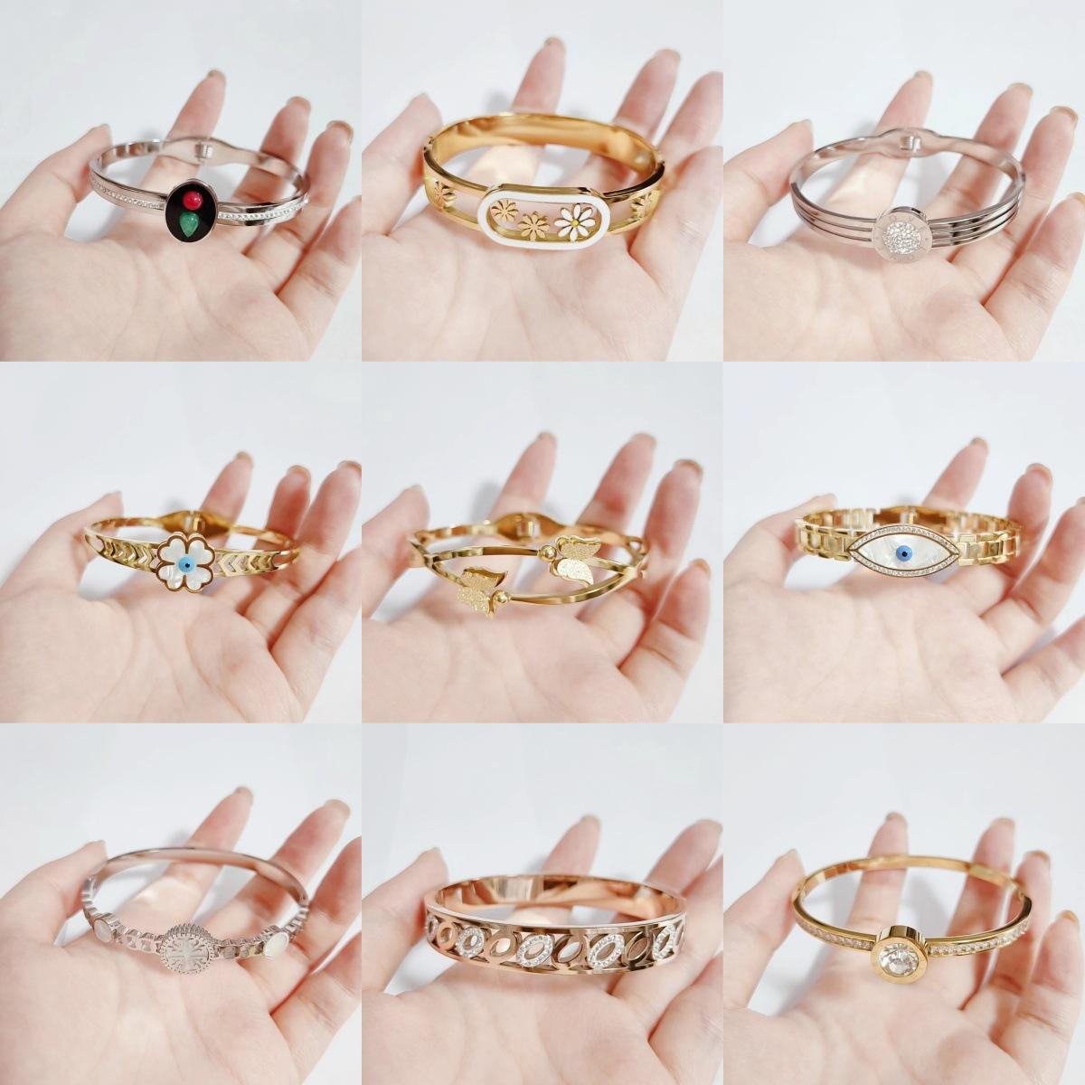 Trendy 18K Gold Plated Stainless Steel Bracelets Women Fashion Jewelry Beaded Diamond Rhinestone Bracelet Bangle 18cm