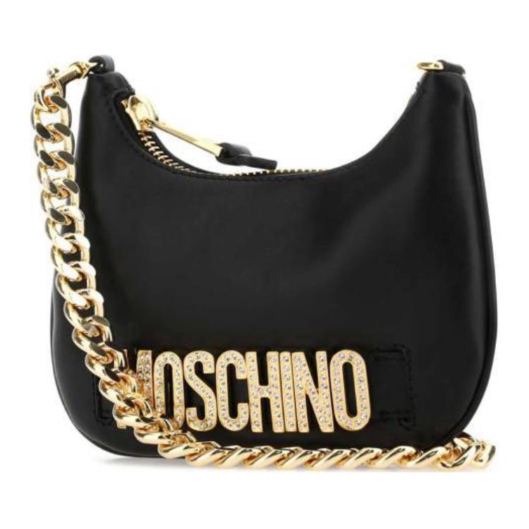 Moschino Logo Decorated Detachable Chain Handle Zip Closure Calfskin Tote Shoulder Bag Women bags Black A757980243555